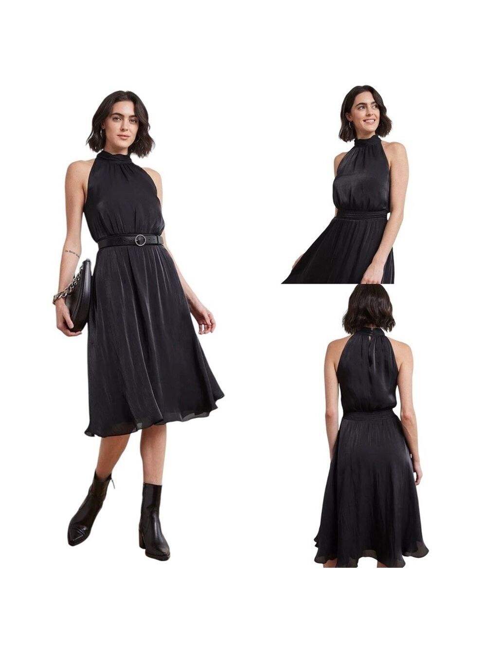 RW&Co. Womens Black Chiffon Cocktail Dress Large Metallic Halter Neckline NWT